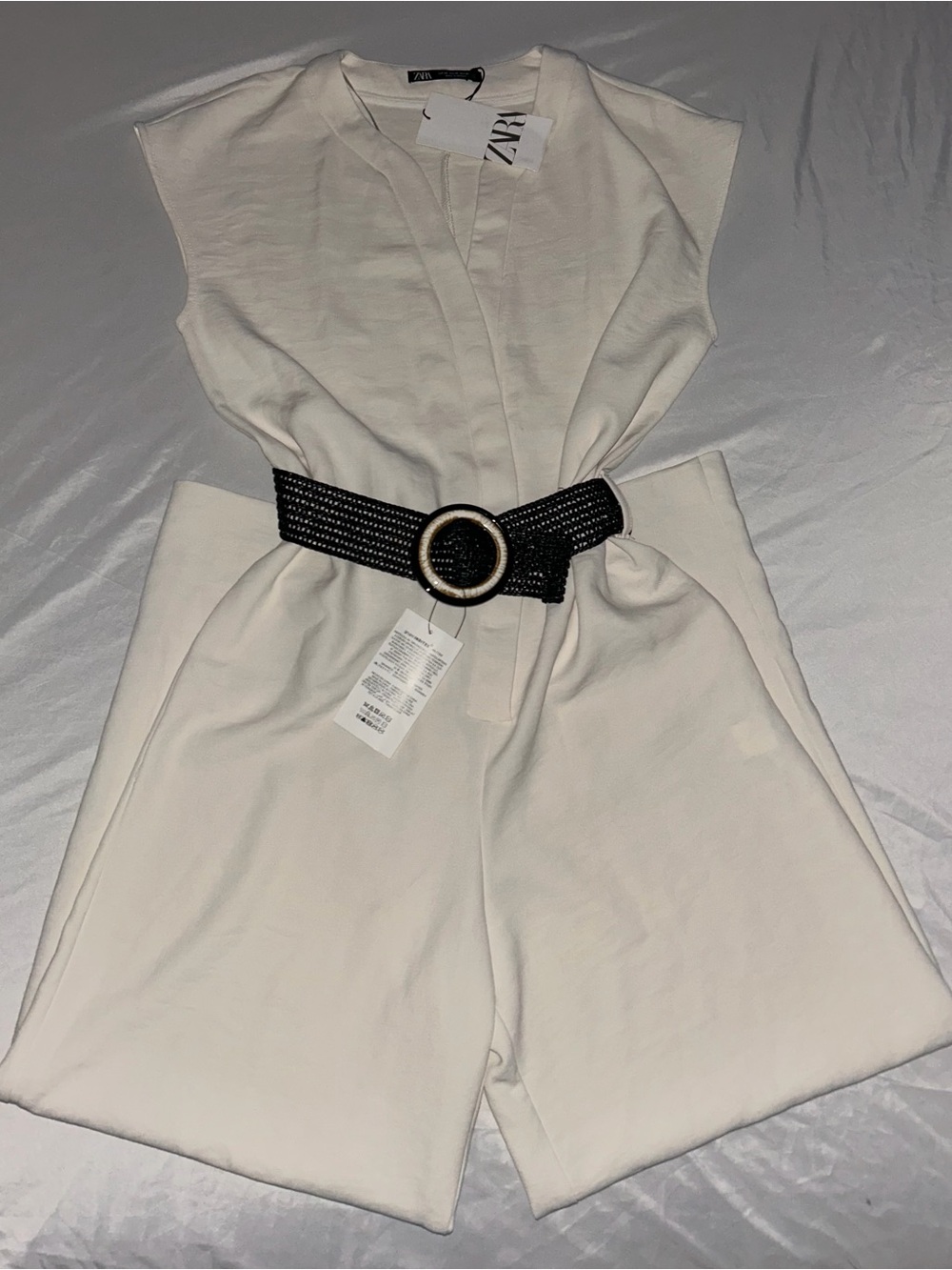 Zara White Sleeveless Jumpsuit with Black Belt NWT Sz XS
